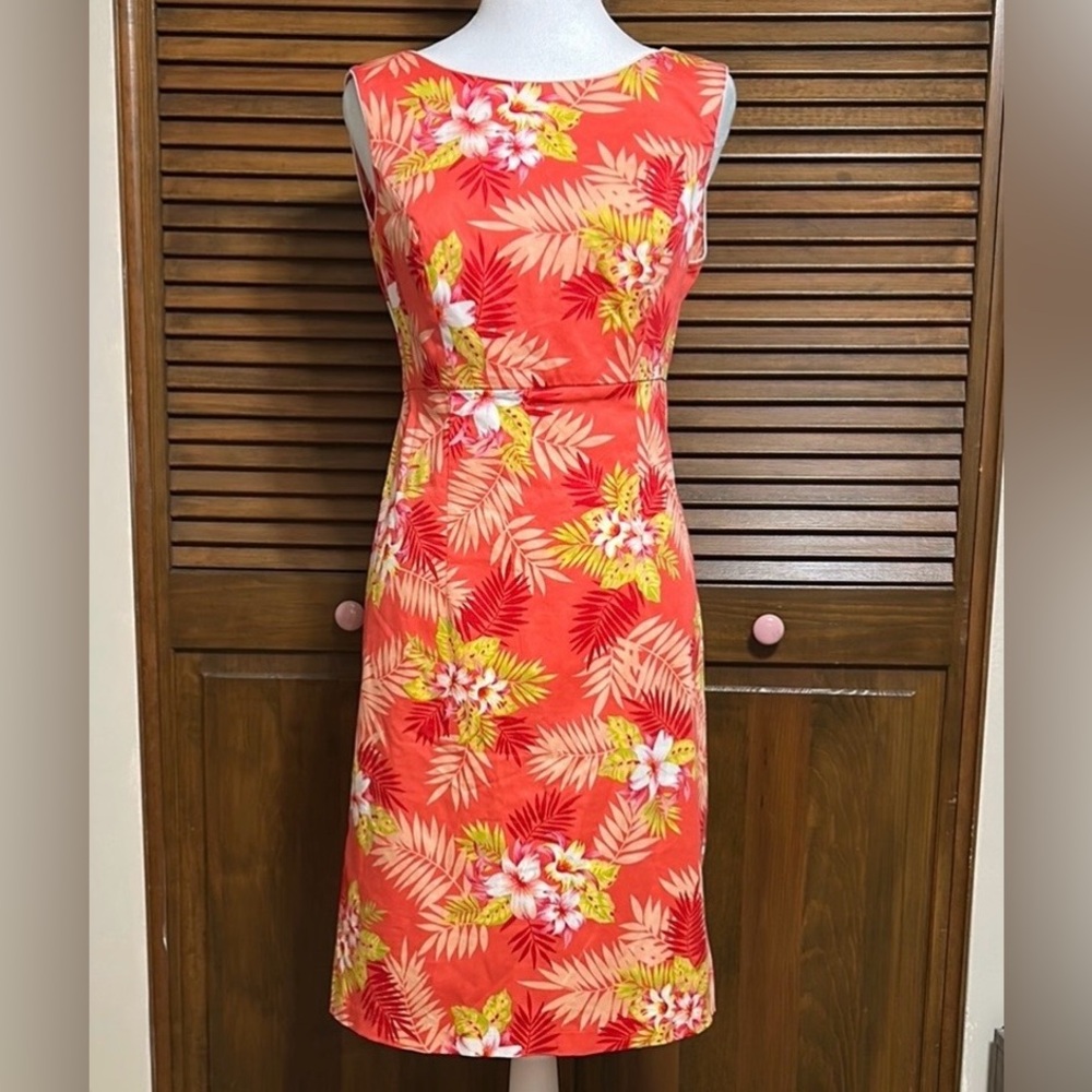 Erika Tropical Floral Coral, Red, Lime Green Open Back Summer Dress Size 10